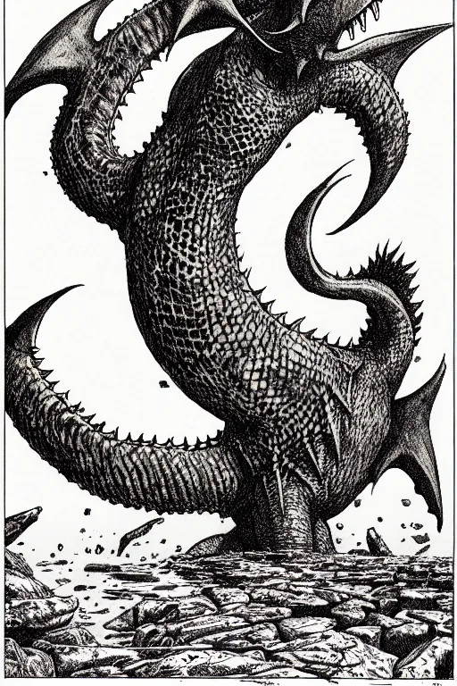 Prompt: ogopogo monster as a d & d monster illustration, full body, pen - and - ink illustration, etching, by russ nicholson, david a trampier, larry elmore, 1 9 8 1, hq scan, intricate details, inside stylized border