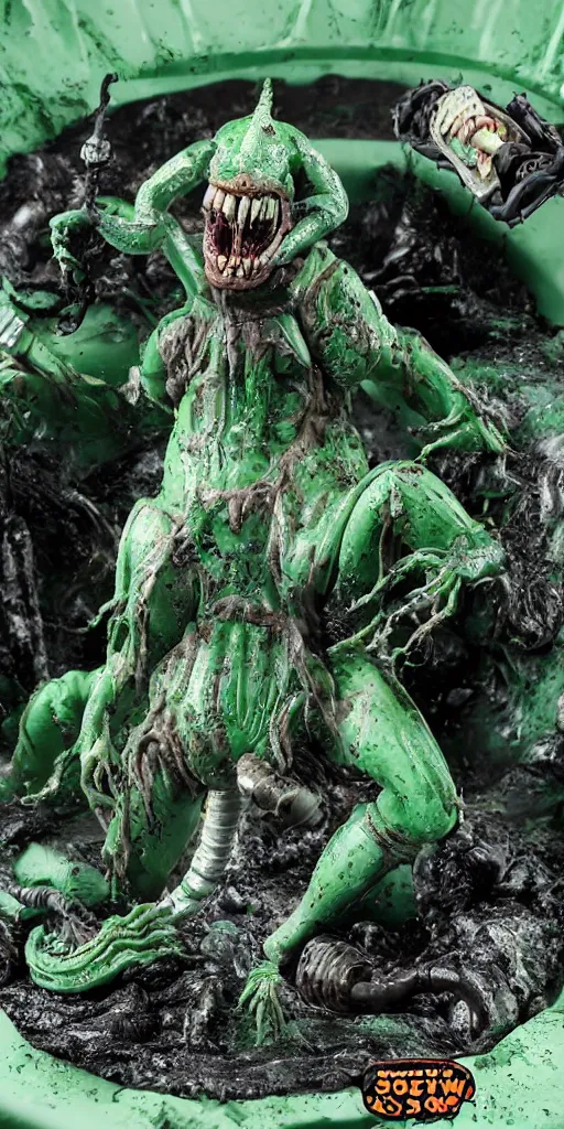 Prompt: bootleg figure of a fat plastic green acid xenomorph diorama drowning on the mud water, secondhand, mcfarlane, cursed photography, middle shot
