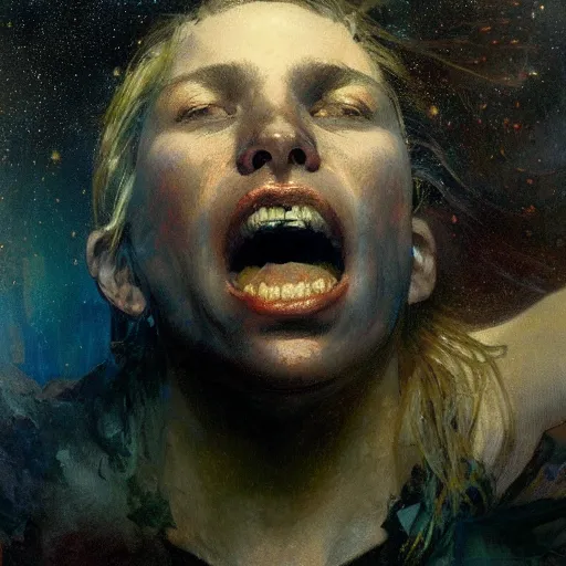 Image similar to hyperrealist portrait of an enormous glowing screaming head made of stars by jeremy mann and alphonse mucha and alan lee, fantasy art, photo realistic, dynamic lighting, artstation, poster, volumetric lighting, very detailed faces, award winning