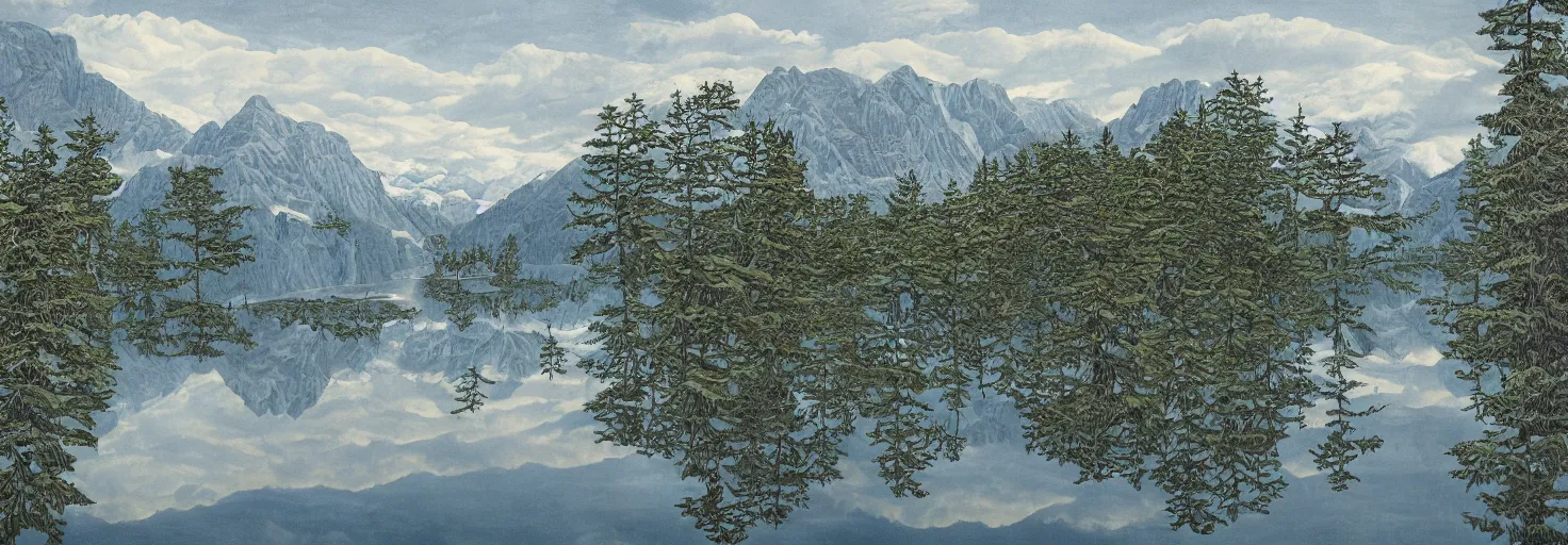 Image similar to escher painting of a lake, big trees reflecting on lake surface, mountains at background, snowy, ultra sharp, ultra detailed, dark emotion, colorized by salvador