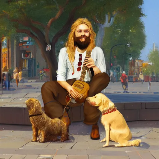 Image similar to oil painting of a young man with long hair blond and a beard hippie style with his golden retrever dog playing guitar in the square for money, people watching around, by greg rutkowski, artstation