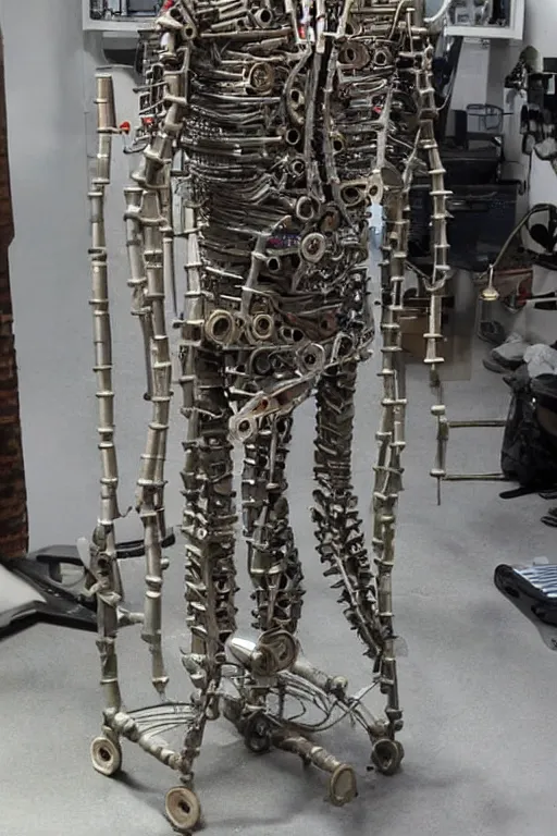 Image similar to an ironman full body sculpture made out of nut, bolts, screws, pipes, gears, and other spare parts