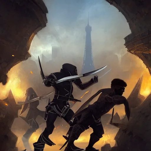 Prompt: a black male rogue fighting with guards in a fantasy paris 1700, symmetric face, hyperrealism, epic fantasy digital art, fantasy style art, by Greg Rutkowski, fantasy magic the gathering card art style