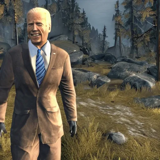 Image similar to video game screenshot of joe biden in skyrim