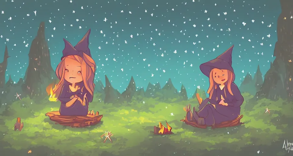 Image similar to Illustration of a small cute witch sitting by cozy bonfire in the forest meadow under starry sky and shooting star, digital pixel art, pixiv by Aenami