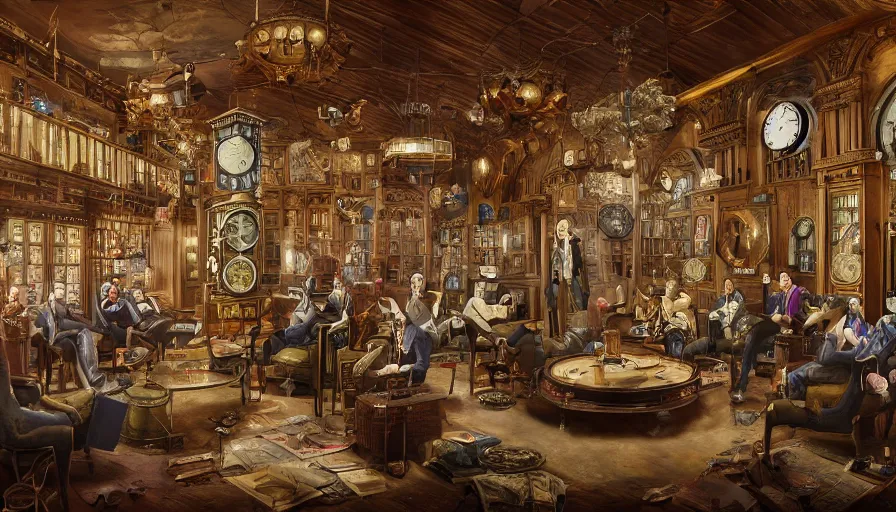 Prompt: coldplay in a circular common room full of antique clocks, high detail, steampunk, fantasy, mechanical, 4 k, trending on artstation