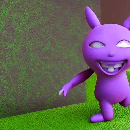 Image similar to purple clay character, laughing, studio ghibli looking at the camera, cute anime style, octane render