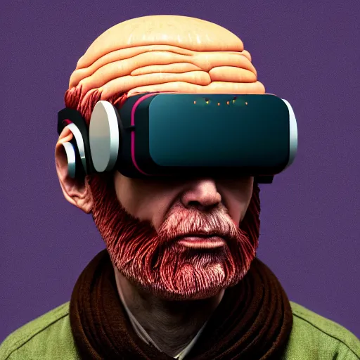 Image similar to Colour Photography of 1000 years old man with highly detailed 1000 years old face wearing higly detailed cyberpunk VR Headset designed by Josan Gonzalez . in style of Josan Gonzalez and Johannes Vermeer and Mike Winkelmann and Caspar David Friedrich. Rendered in Blender