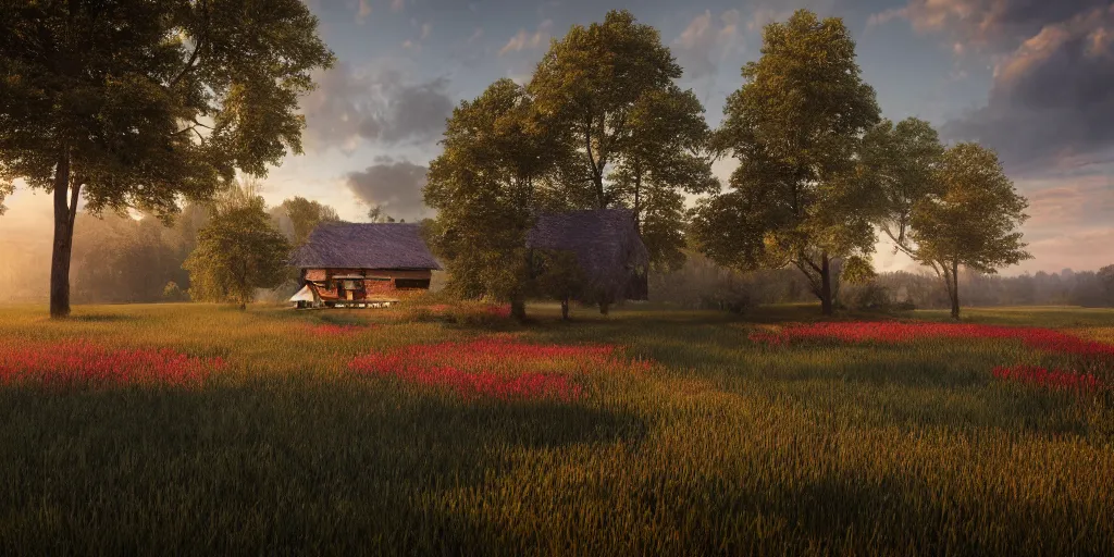 Image similar to a serene landscape with a singular building near a lake at sunrise, forest, mountains, clouds in the sky, concept art, octane render, unreal engine 5, trending on DeviantArt, highly detailed, high quality, 4K, low contrast, path traced, godrays, bloom, Ferdinand Knab, beautiful landscape, red flowers, trending on Artstation, soft lighting, hyperrealistic, digital art