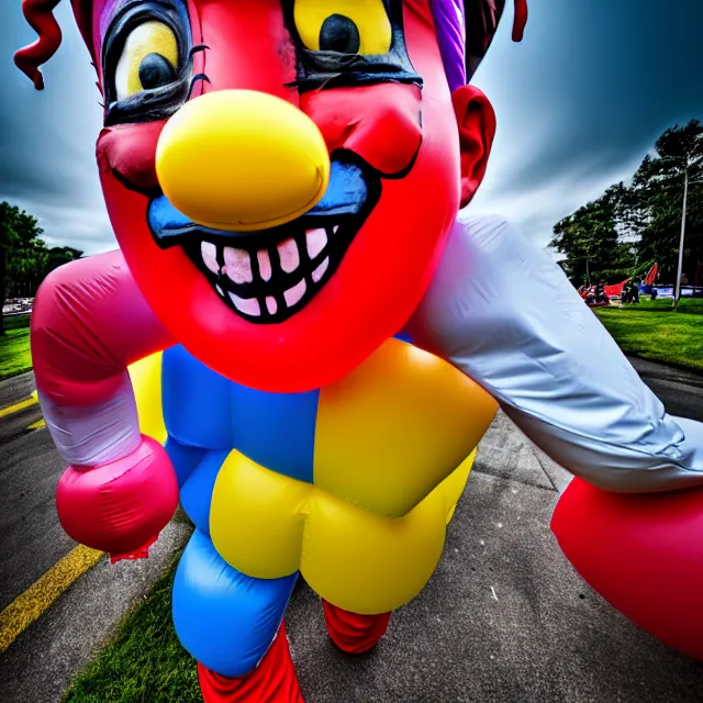 Prompt: scary clown made of bouncy castle, highly detailed, 8 k, hdr, smooth, sharp focus, high resolution, award - winning photo