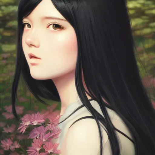 Image similar to a beautiful girl with long black hair, royal garden background, sharp focus, intricate, digital painting, artstation, highly detailed, ambient lighting, portrait by Studio Ghibli, Rossdraws, artgerm, Ilya Kuvshinov, and Greg Rutkowski