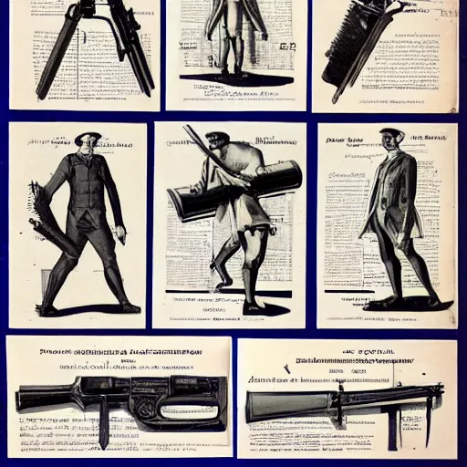 Prompt: 1900s catalogue of futuristic weaponry, vintage,