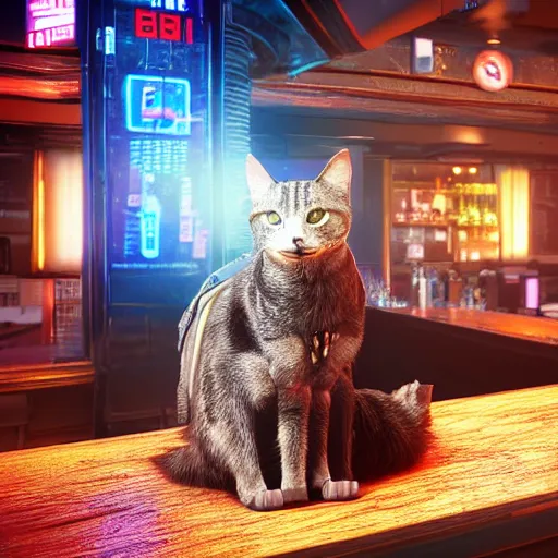 Image similar to in a futuristic cyberpunk city, a cat wearing a backpack sleeps on a barstool at a bar, cgisociety, unreal engine, render, atmospheric,