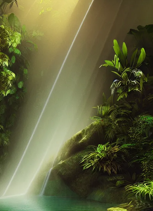 Prompt: great jungle turquiose waterfall, highly detailed, mist, god rays, cinematic, cinematic lighting, octane render, ultra details, painting by tyrus wong, 8K