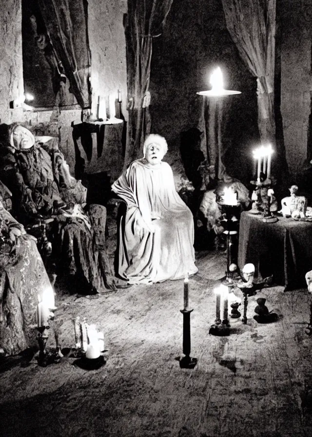 Image similar to a seance conducted by an old woman dressed in red, candle light, ghosts, ominous, by federico fellini