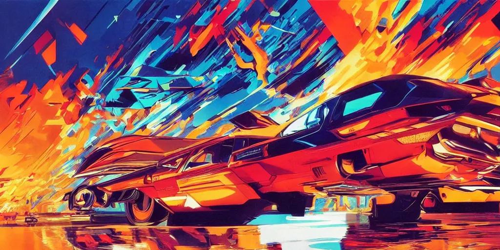 Prompt: dynamic, wideangle pov closeup, conceptart, expressive, vibrant, fiery phoenix, madness, glitch, ferocious, imposing, spectacular, cubism, art by syd mead