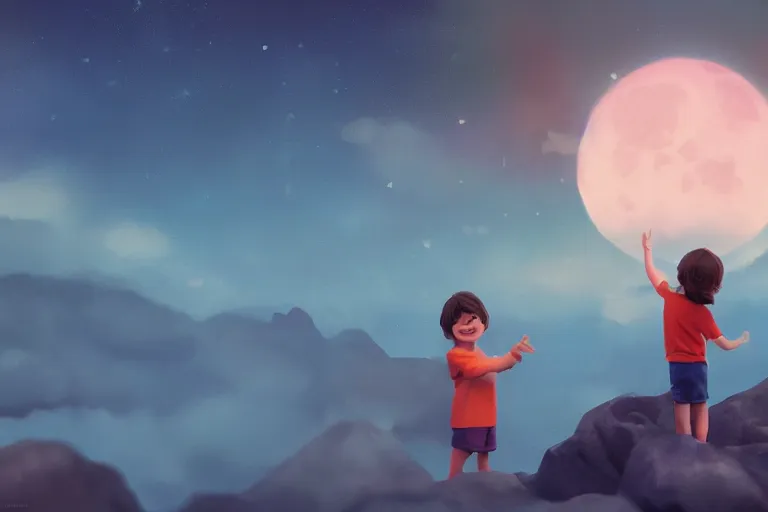 Prompt: a cute little boy and a girl wave their hands, front facing, dreamy matte painting, night time, volumetric lighting, smooth, trending on artstation, moonlit backdrop
