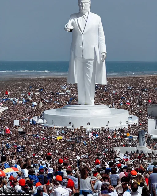 Image similar to a gigantic 1000 foot tall white marble statue of president Donald trump giving his thumbs up sign, dwarfs thousands of onlookers on a beach, as a fleet of Silver Flying saucers watch from above, cinematic