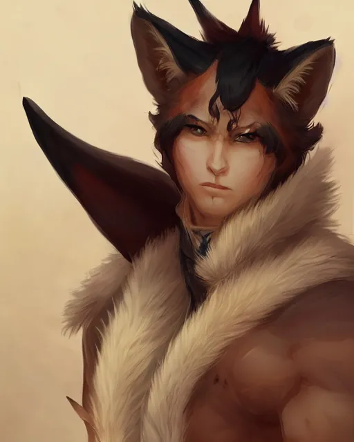 Image similar to A handsome male kitsune warrior with fox ears, visualartzi, Japanese, concept art by Karla Ortiz, James Paick, Charlie Bowater, Krenz Cushart, highly detailed, ultra detailed, ultra realistic, trending on artstation, cgstudio