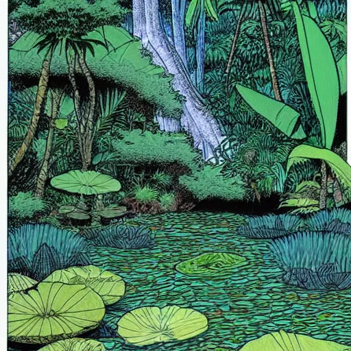 Prompt: a pond in a lush jungle, drawing by moebius