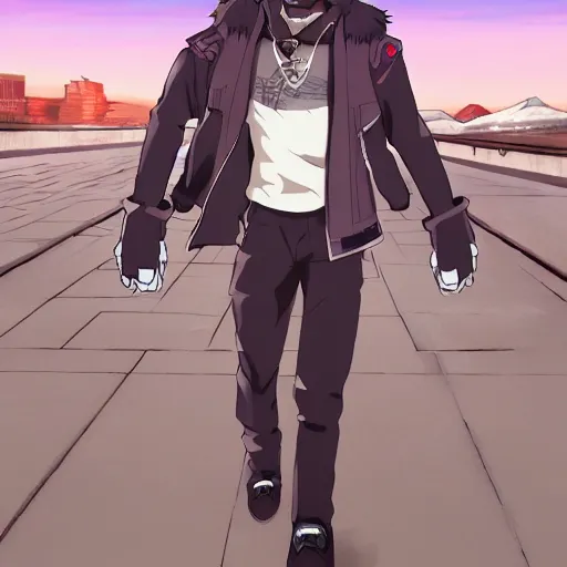 Prompt: key anime visual portrait of a handsome male anthro wolf furry fursona wearing a leather outfit as he walks outdoors in a city at sunset, official modern anime scene