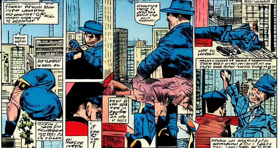 Prompt: a detective interrogating a suspect on the roof of the police station, by frank miller, comic book