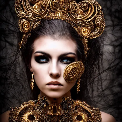 Prompt: a female model by chacarcter creator, photorealistic, biomechanical, intricate details, hyper realistic, ornate headpiece, dark beauty, photorealistic, canon r 3, photography, wide shot, photography, dark beauty ornate headpiece, dark beauty, photorealistic, canon r 3, photography, wide shot, photography, dark beauty, symmetrical features