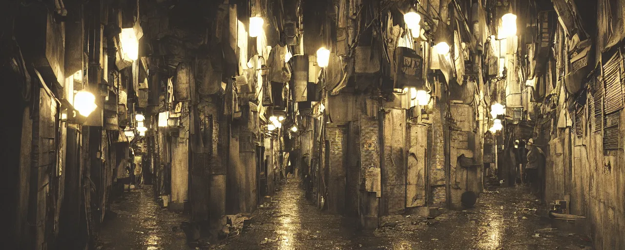 Prompt: digital painting, wideangle view of a narrow alley in kowloon walled city, dirty, sodium lights,evening, tungstem color balance, cinestill, street photography