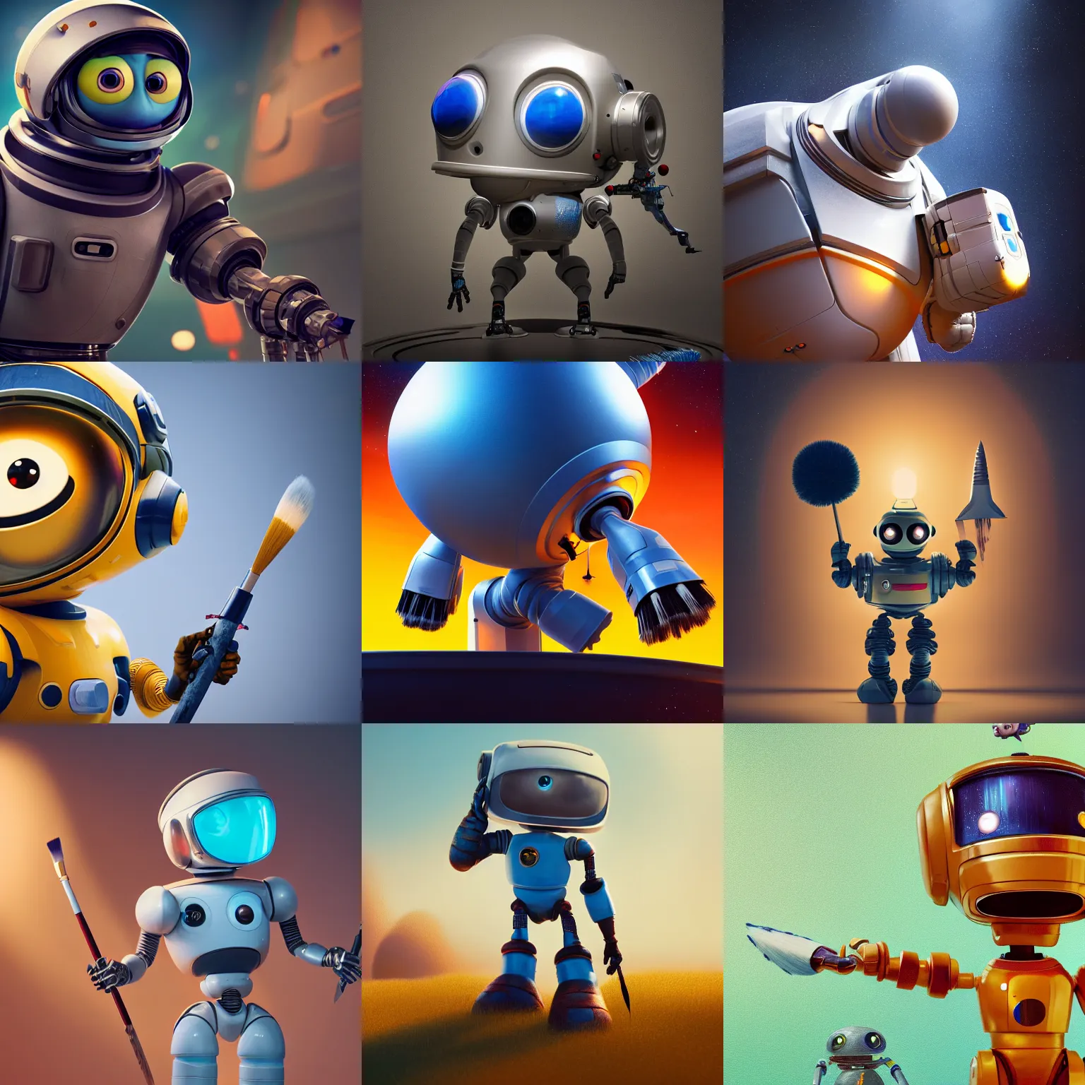 Prompt: cute space robot holding big paintbrush. big head, high detail, beautiful light, depth of field, sharp focus, clean design, pixar, 4 k, octane render