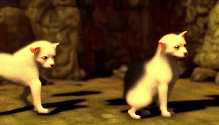 Image similar to a tropical dog dog kitten in the style of francisco goya, 4 k resolution, in skyrim videogame, bethesda skyrim npc, unreal engine render