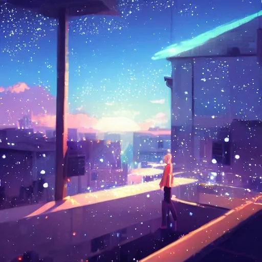 Image similar to Dreamy world at night, shooting stars, cityscape, pixiv scenery art, light refraction by makoto shinkai