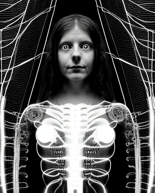 Prompt: black and white artistic photo, young female cyborg - plant goddess, microchip, artificial intelligence, bio - mechanical bio - luminescence, black wired cables, cinematic, rim light, photo - realistic, 8 k, in the style of dora maar and h. g. giger