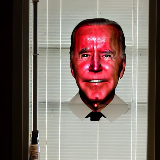 Image similar to dark setting, night time, I look at my window at night to see Joe Biden with red bloodshot eyes creepily staring through my window