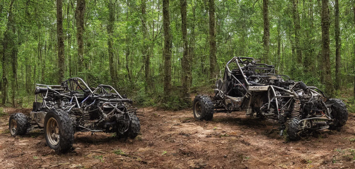 Image similar to off road buggy in the forest, artstatiom, 4 k, incredibly detailed