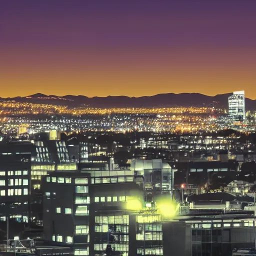 Image similar to Christchurch city skyline at night, cyberpunk style