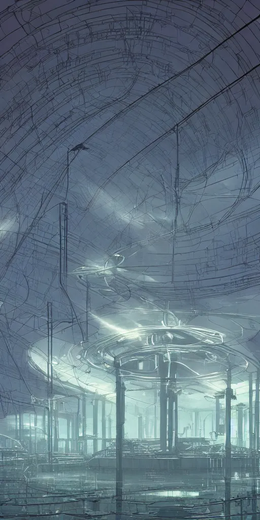 Image similar to underground huge experimental water tanks , mysterious laboratory, thick mist, low ceiling, cables hanging from ceiling, thick cables on ground, ground perspective, god rays of light, huge computer screens, neons, saturated top light , epic scene, scifi, illustration, art by ghibli moebius