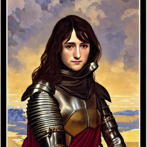 Prompt: portrait of charlotte gainsbourg as joan of arc in armor, hyperreal digital painting, iconography influenced by alphonse mucha and eugene delacroix, arstation and deviantart trends, high resolution 8 k