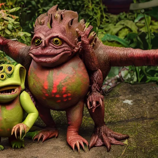 Image similar to autochrome photo of vintage disgusting brown Boglins, plastic goblin monster toys in a backyard garden, kaiju, oni, realistic, octane render