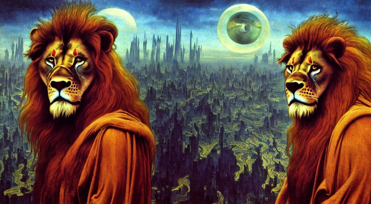 Image similar to realistic detailed portrait movie shot of a lionman wearing dark robes, sci fi city landscape background by denis villeneuve, amano, yves tanguy, alphonse mucha, ernst haeckel, max ernst, roger dean, masterpiece, rich moody colours, blue eyes, occult