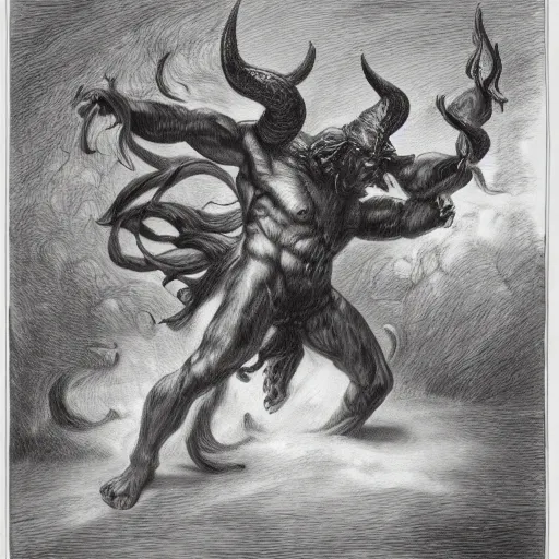 Image similar to full body grayscale drawing by Gustave Dore of muscled humanoid balrog beast with horns in heroic pose, swirling flames in background