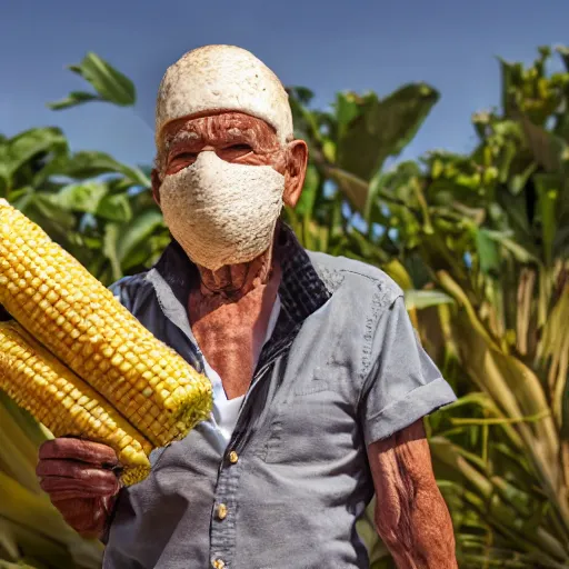 Image similar to an elderly man wearing a mask made from a tortilla, holding a sword made from elote, bold natural colors, national geographic photography, masterpiece, 8 k, raw, unedited, symmetrical balance