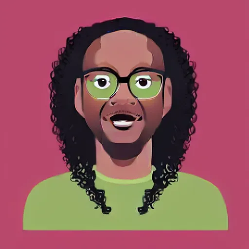 Prompt: sticker illustration vector art of a black man with long curly hair wearing glasses, on deep space, musical notes floating
