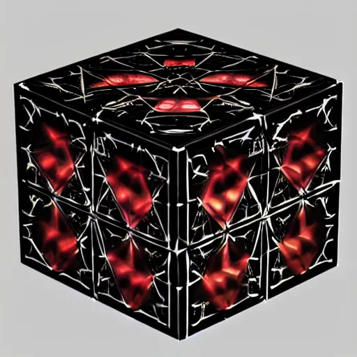 Image similar to hellraiser puzzle box with rgb led lights, highly detailed, render, spooky, scary