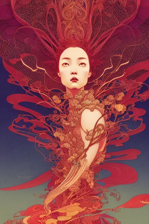 Image similar to a beautiful hyperdetailed character design 4 k wallpaper illustration of a huge reddish phoenix by victo ngai and mucha, denoise, deblurring, artgerm, xision, james jean, ross tran, chinese style