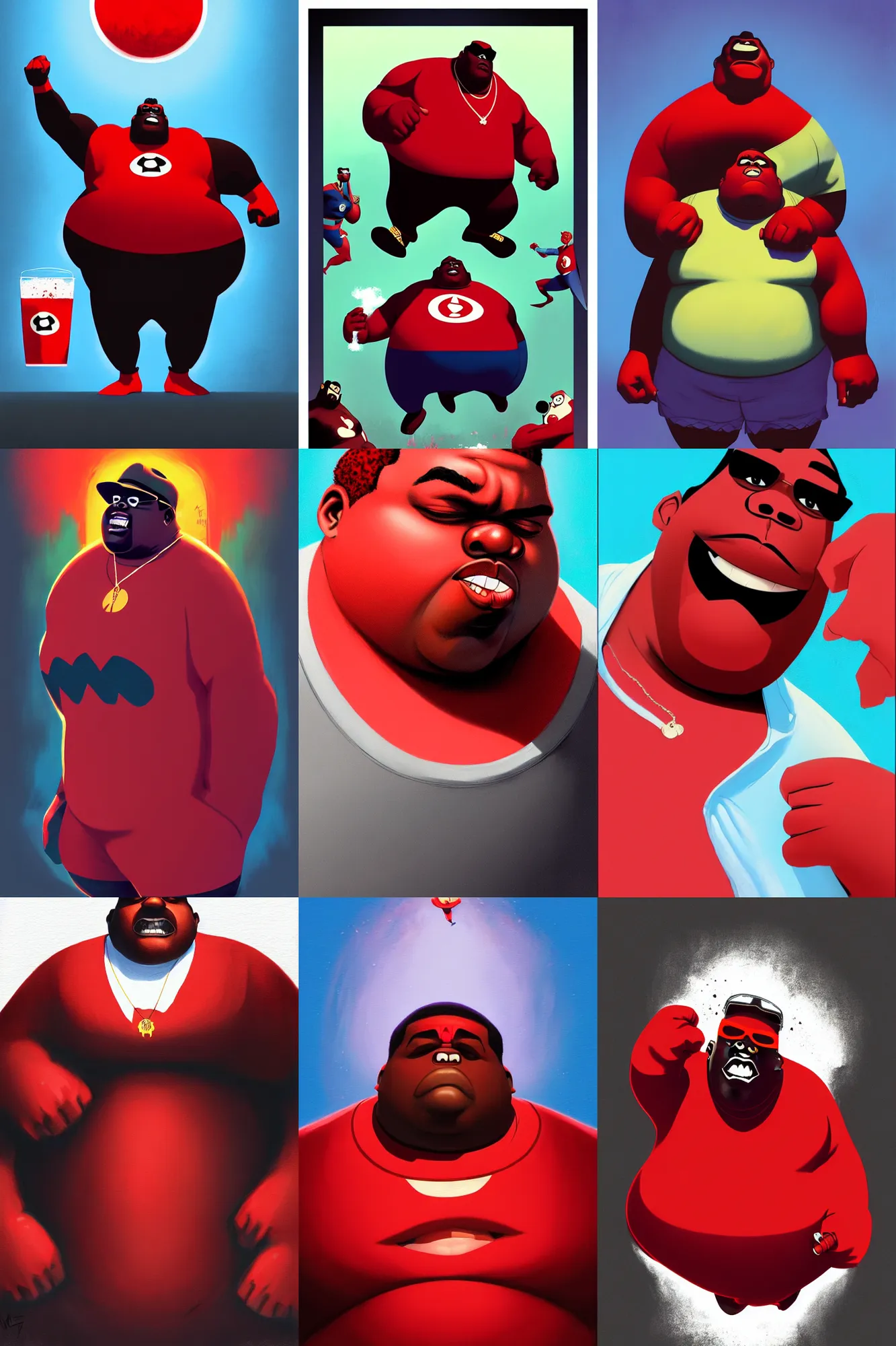 Prompt: the notorious b. i. g. as red kool - aid man mixed with mr incredible superhero animation pixar style, shaded lighting poster by magali villeneuve, artgerm, jeremy lipkin and michael garmash, rob rey and kentaro miura style, trending on art station