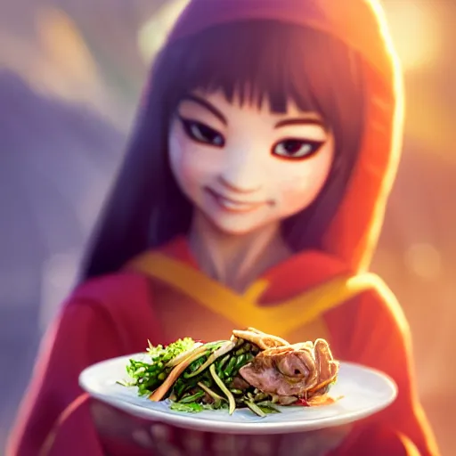 Prompt: movie still macro close photo of smiling anonymous holding pork stirfry to face, by weta disney pixar greg rutkowski wlop ilya kuvshinov rossdraws artgerm octane render iridescent, bright morning, anime, liosh, mucha