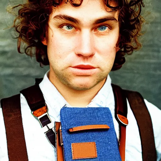 Image similar to close up headshot of a frowning clean shaven pudgy British lad with short curly dark brown hair as a hobbit wearing a white men's crossbody sling chest bag and blue vest, blue vest!! white crossbody chestbag!! high resolution film still, by Bruce Weber