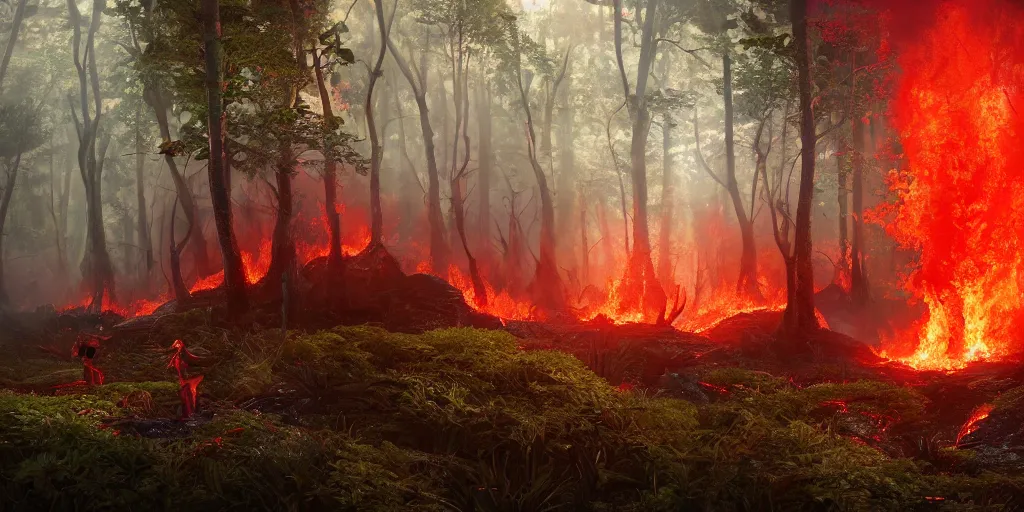 Image similar to Red eyed Dragon setting forest on fire, cinematic shot, epic, volumetric lighting, made by Stanley Artgerm Lau, WLOP, Rossdraws, ArtStation, CGSociety, concept art, cgsociety, octane render, trending on artstation, artstationHD, artstationHQ, unreal engine, 4k, 8k,