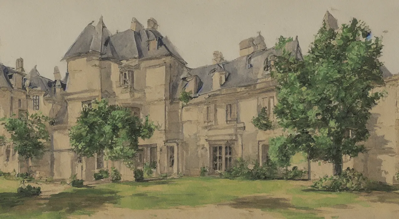 Image similar to a painting of a French manor, with a square, in the style of anime