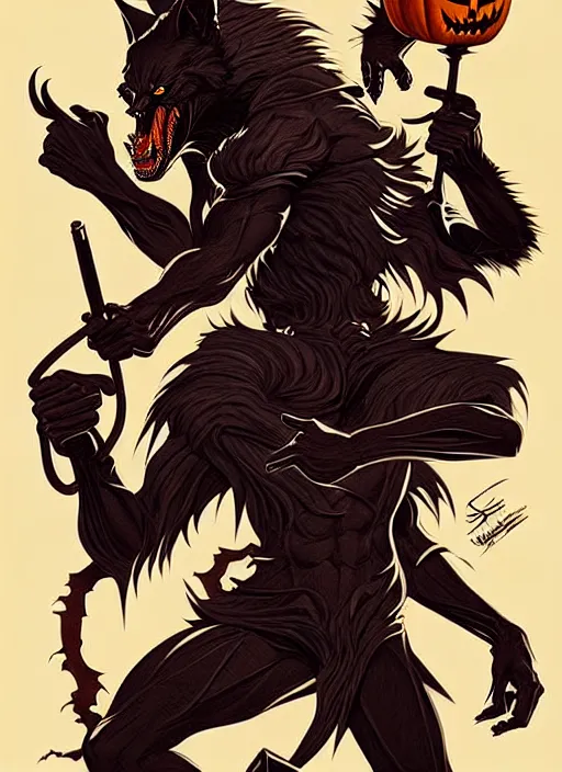 Image similar to concept art design illustration, halloween, werewolf, vampire, hunter, 1 6 colors, logo, ink drawing, art by jc leyendecker and sachin teng